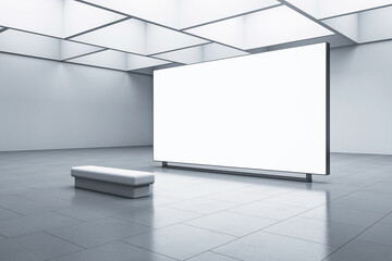 Perspective view on big white blank digital screen with space for advertising or picture frame or campaign in abstract exhibition hall interior with concrete floor on background. 3D rendering, mockup