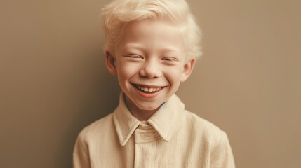 An adorable albino little boy strikes a pose in this charming studio portrait. Generative AI