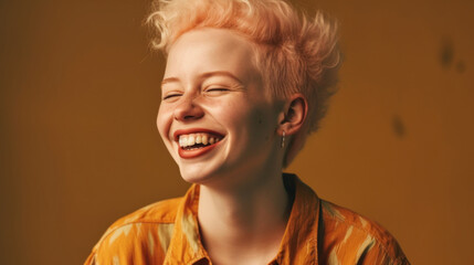 A pretty albino young woman strikes a pose in this captivating studio portrait. Generative AI