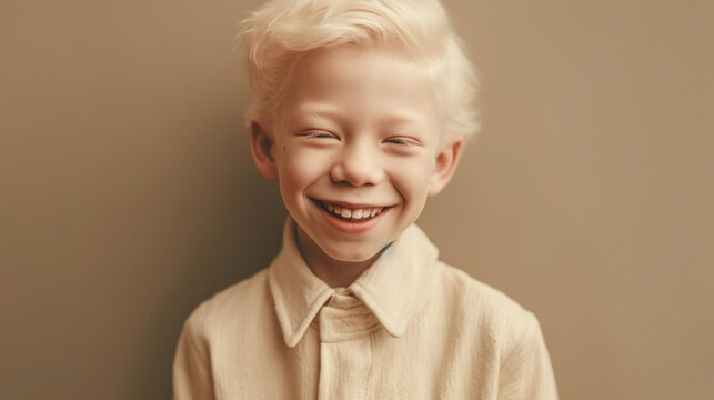 An Adorable Albino Little Boy Strikes A Pose In This Charming Studio Portrait. Generative AI