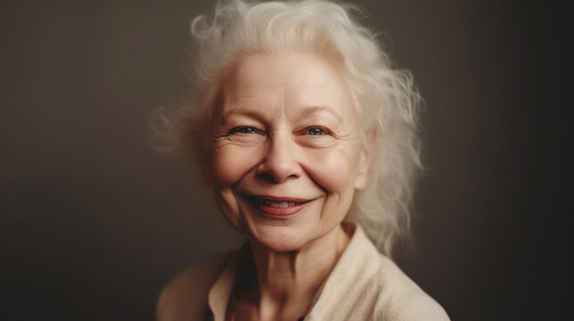 An albino senior woman confidently poses in this captivating studio portrait. Generative AI