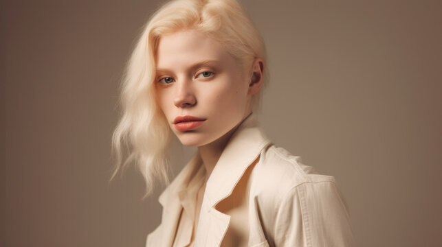 An albino young woman exudes confidence and elegance as she poses in the studio. Generative AI