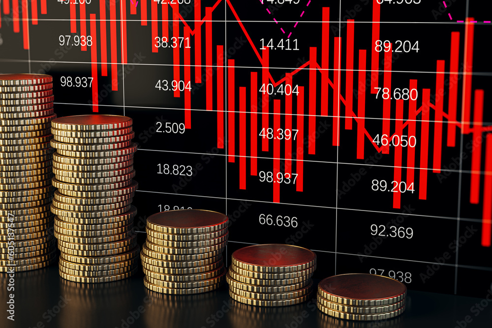 Aufkleber stacked golden coins with falling red forex chart on dark wallpaper. crisis and recession concept. 3