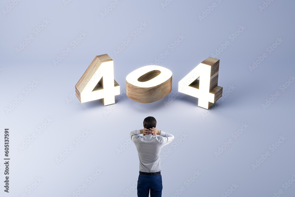 Poster 404 page not found error concept with wooden 3d digits and panic person holds his head on light blue