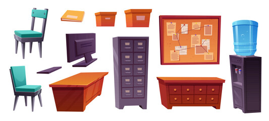 Police station room or detective office interior set. Police department office furniture, computer, desk, file cabinet, chairs, detective board and water cooler, vector cartoon illustration