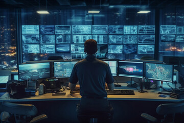 Military Surveillance Officer Working on a City Tracking Operation in a Central Office Hub for Cyber Control and Monitoring for Managing National Security. Created with Generative AI technology