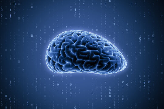 Science, research and technology digital interface concept with blue human brain layout on dark background with binary code. 3D rendering