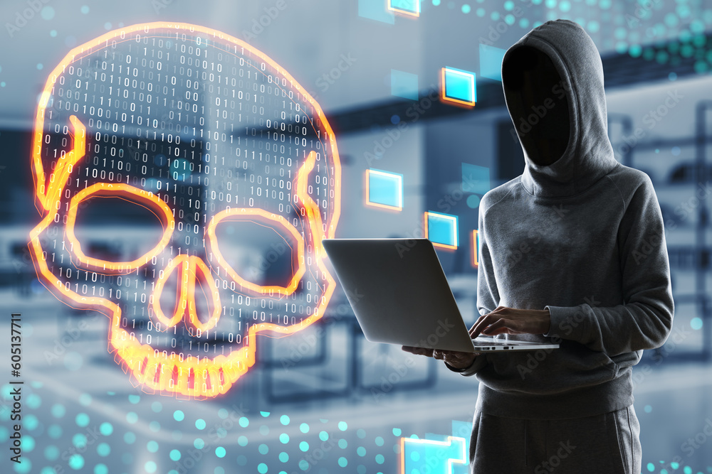 Poster hacking and online piracy creative concept with person in hoodie without face working with laptop on