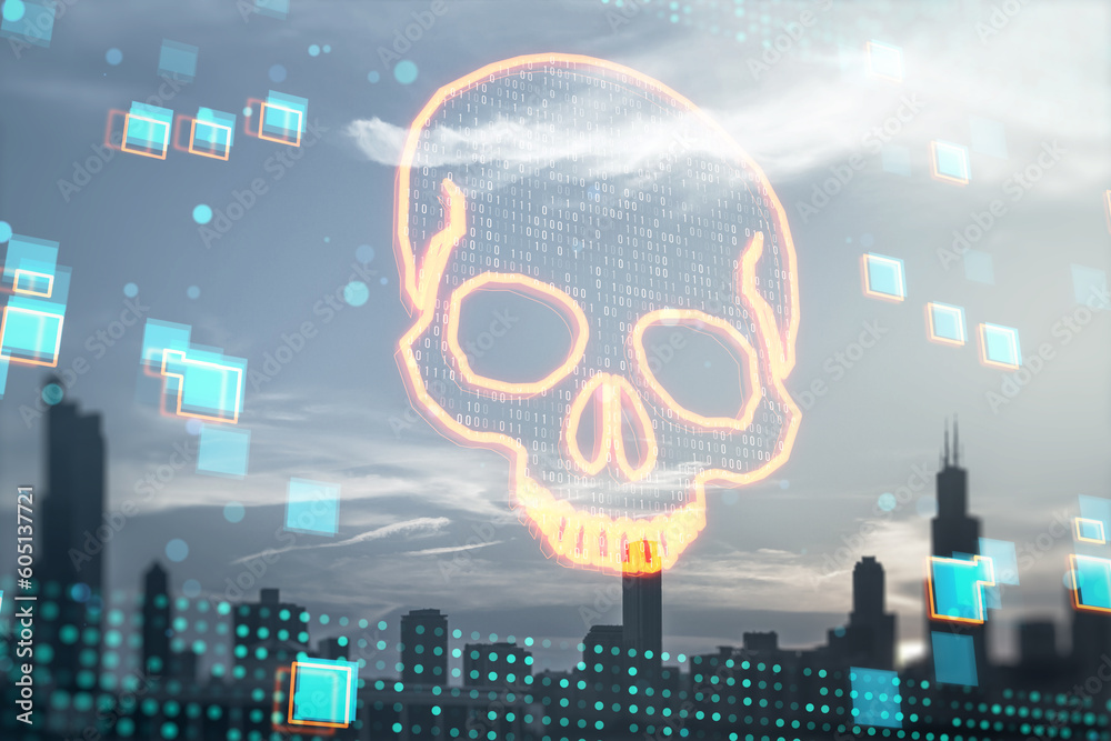 Aufkleber abstract glowing digital binary code skull on blurry toned city wallpaper. hacking, piracy, malware 