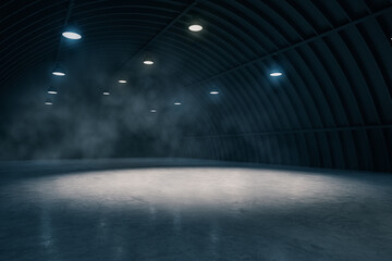 Perspective view dark smokey garage interior with spotlight and concrete floor, car background and empty stage concept. 3D Rendering, mockup - obrazy, fototapety, plakaty