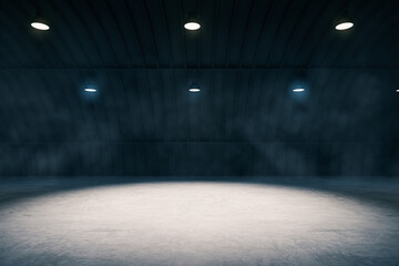 Side view dark smokey garage interior with spotlight and concrete floor, car background and empty stage concept. 3D Rendering, mockup