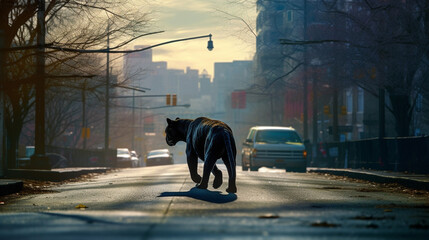 Obraz na płótnie Canvas Black panther walking on a road in the rain