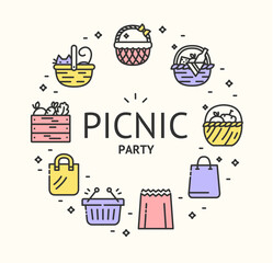 Picnic Party Sign Round Design Template Thin Line Icon Banner for Promotion, Marketing and Advertising. Vector illustration