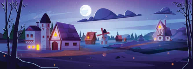 Gardinen Countryside landscape with fields, village houses, trees and moon in sky at night. Rural scene with farm houses, windmill, road and road, vector cartoon illustration © klyaksun