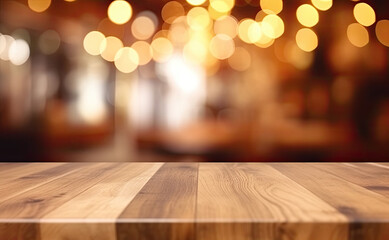 Image of wooden table in front of abstract blurred restaurant lights background Generative AI