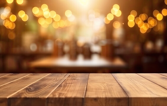 Image of wooden table in front of abstract blurred restaurant lights background Generative AI