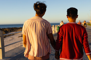 Rear view of happy biracial gay male couple walking and holding hands on promenade by the sea