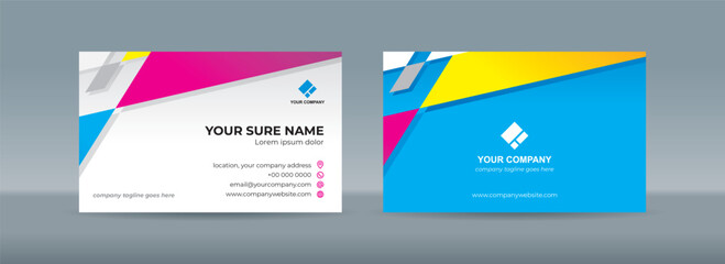 Fototapeta premium Set of double sided business card templates with yellow pink magenta white triangle background