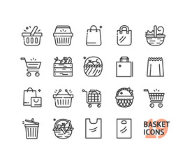 Shopping Basket and Bag Sign Black Thin Line Icon Set. Vector illustration of Baskets and Bags Icons