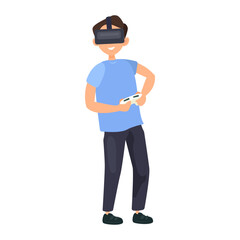 Boy playing vr game illustration in color cartoon style. Editable vector graphic design.