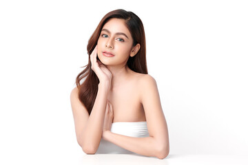 Obraz premium Beautiful young asian woman with clean fresh skin on white background, Face care, Facial treatment, Cosmetology, beauty and spa, Asian women portrait.