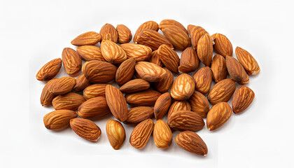 almonds, Close-up view of raw organic nuts. Healthy food for life concept. Vegan and vegetarian tasty snack full of vitamins and oils, wallpaper, Scattered brown almonds isolated on white 