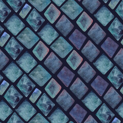 Watercolor seamless hand drawn geometric pattern with colorful rhombuses alike brickwork in blue shades