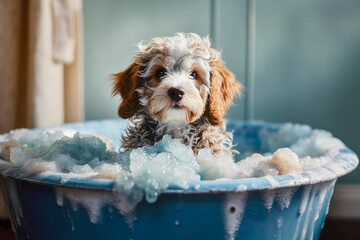 Funny puppy sitting in bathtub waiting for grooming. Banner for pet shop, grooming salon. Space for text. Generative AI 