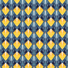 Watercolor seamless hand drawn geometric pattern with colorful rhombuses alike kaleidoscope pictures