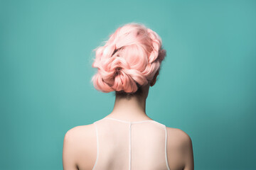 Pink colored hair in messy updo style. Generative AI illustration