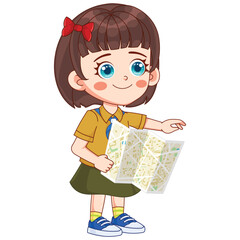 Vector a girl with a map in her hand is looking at a map.