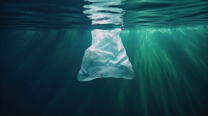 White plastic bag floating in water. Generative AI.
