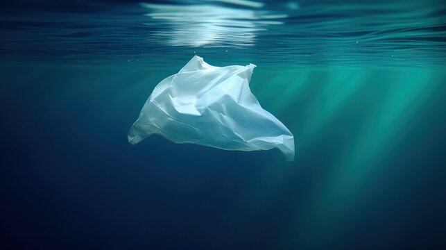 White plastic bag floating in water. Generative AI.