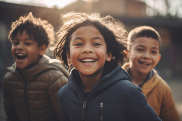 Multiracial kids playing run in the school playground. Generative AI., Generative AI
