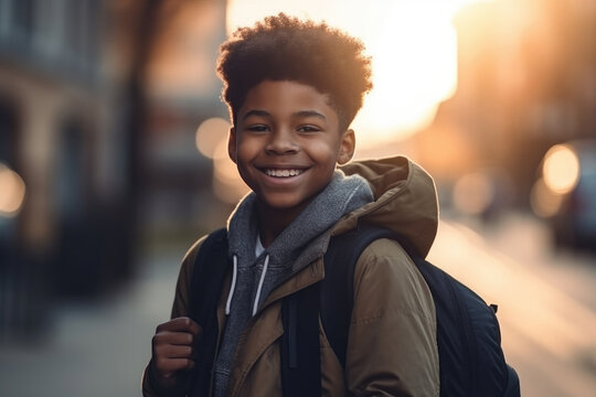 African elementary schoolboy smiling, back to school. Generative AI., Generative AI