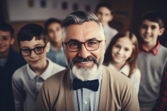 Portrait of mature caucasian teacher with his students. Generative AI., Generative AI