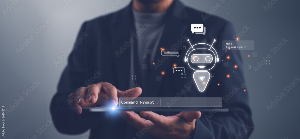 Poster ai tech, businessman show virtual graphic global internet connect chat with ai, artificial intellige
