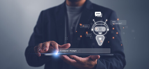 Ai tech, businessman show virtual graphic Global Internet connect Chat with AI, Artificial Intelligence. using command prompt for generates something, Futuristic technology transformation.