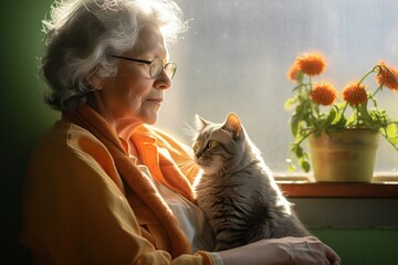 Pensive retired woman with cat near the window. Generative AI, Generative AI