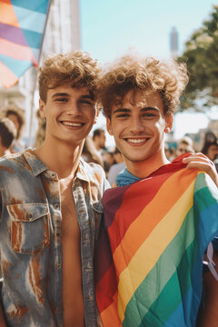 Two young men holding progress pride flag. Generative AI, Generative AI