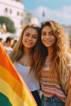 young lesbian couple with flag at gay pride. Generative AI, Generative AI