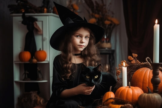 Caucasian girl in witch costume with her cat at home. Generative AI., Generative AI