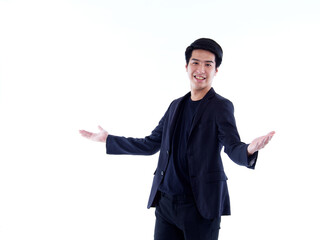 Handsome young man gesturing on white background