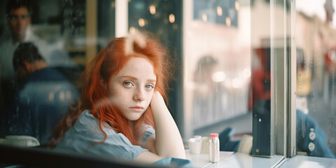 Ginger-haired teenage girl sitting by a bar window. Generative AI, Generative AI