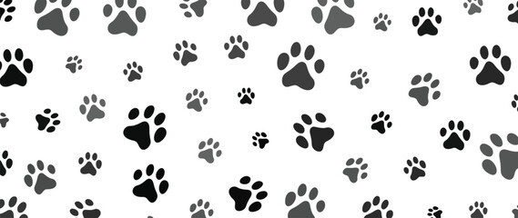 Fototapeta na wymiar Dog paw footprints background vector. Hand drawn animal, pet, cat paw silhouette pattern, kitten, puppy walking. Footsteps illustration design for fabric, decorative, sticker, wallpaper, kids