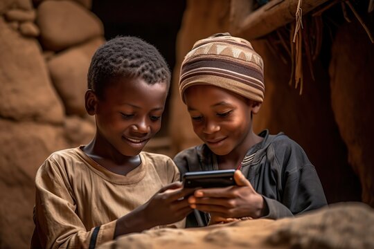 Two African children with a mobile phone in the village. Generative AI, Generative AI