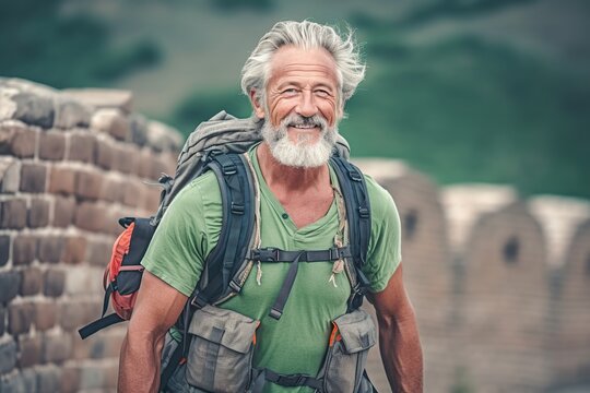 Smiling senior man in summer travel. Generative AI, Generative AI
