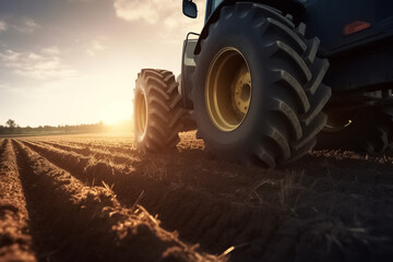 Modern tractor in the field close-up. Spring season of agricultural works at farmlands.