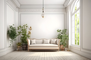 Naklejka premium Interior living room modern classic style, vintage sofa with white minimal wall decorate background. Generative AI image in 3D illustration