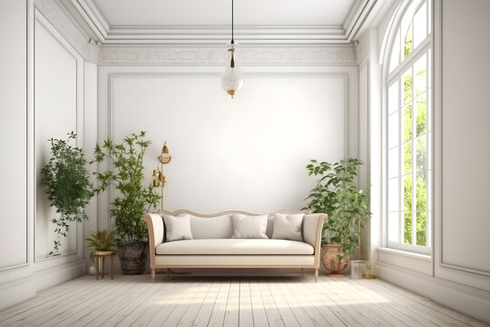 Interior living room modern classic style, vintage sofa with white minimal wall decorate background. Generative AI image in 3D illustration